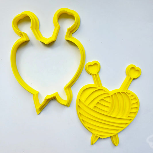 Knitting Needle Heart Knit Yarn Cookie Cutter & Stamp Set - Dough Biscuit Cutters 3D Printed