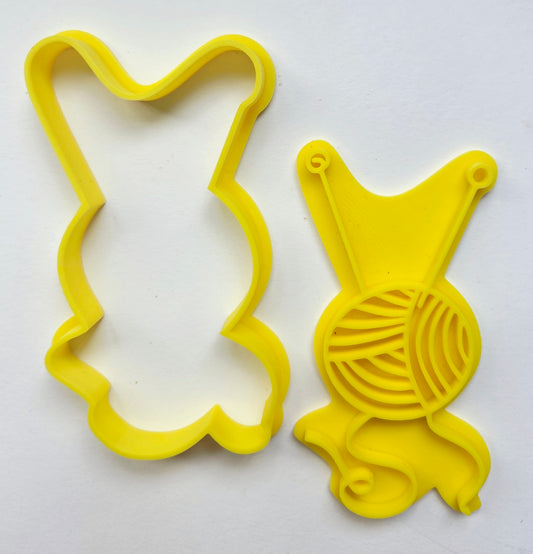 Knitting Needles & Yarn Ball Knit Cookie Cutter & Stamp Set - Dough Biscuit Cutters 3D Printed