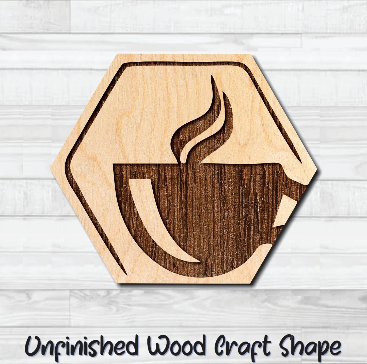 Coffee Tea Abstract Badge Hexagon 3 Unfinished Wood Shape Blank Laser Engraved Cut Out Woodcraft Craft Supply