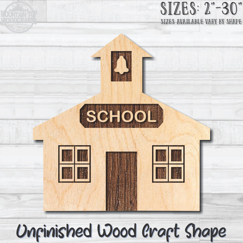 School House Unfinished Wood Shape Blank Laser Engraved Cut Out Woodcraft Craft Supply