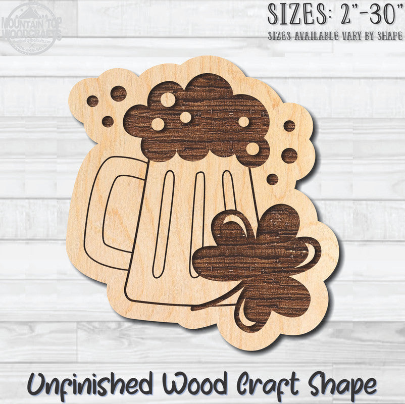 Beer Stein Clover Unfinished Wood Shape Blank Laser Engraved Cutout Woodcraft Craft Supply