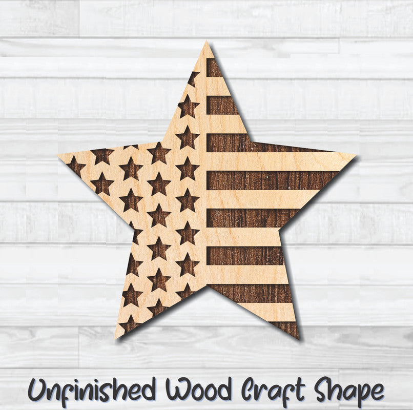USA Stars & Stripes 3 Unfinished Wood Shape Blank Laser Engraved Cutout Woodcraft Craft Supply