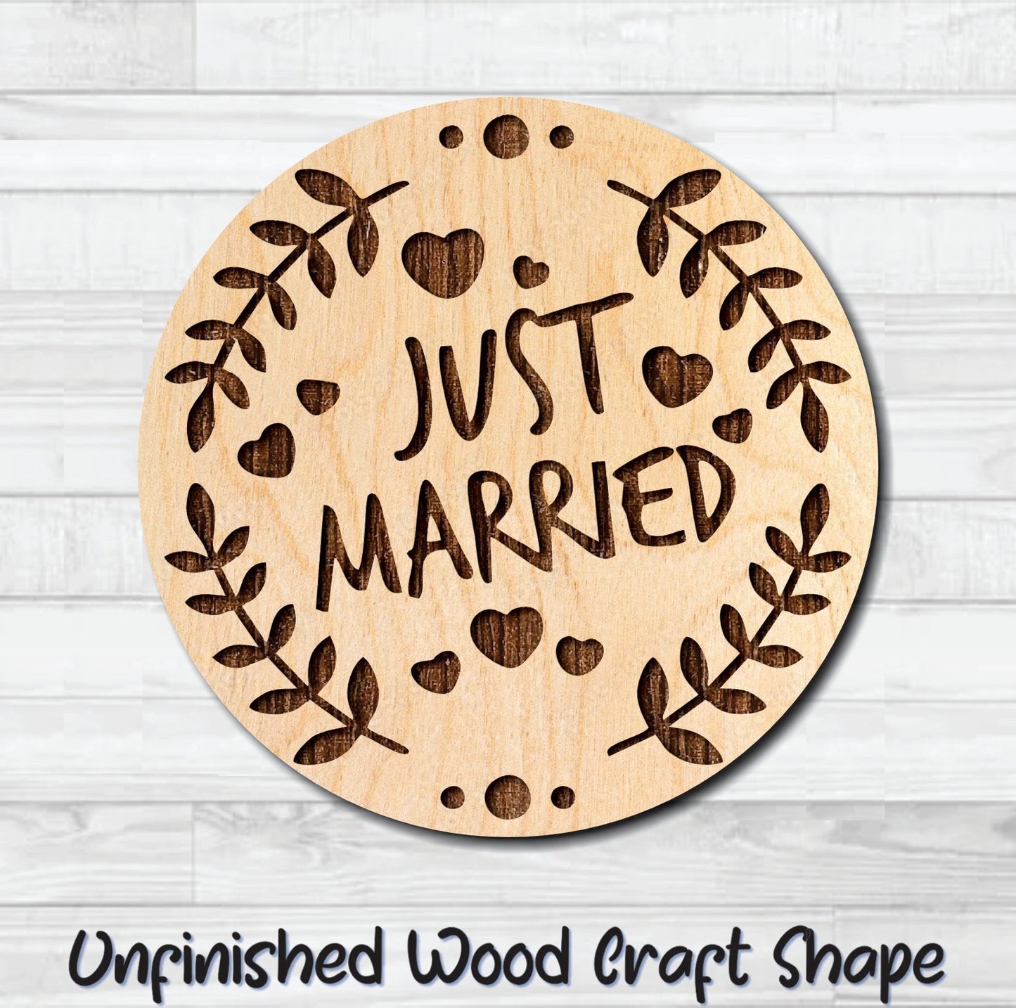 Just Married Hearts Badge Unfinished Wood Shape Blank Laser Engraved Cut Out Woodcraft Craft Supply